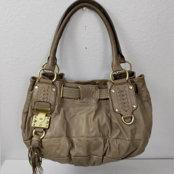 JUICY COUTURE Taupe Leather Satchel Shoulder Bag Handbag - Picture 1 of 12